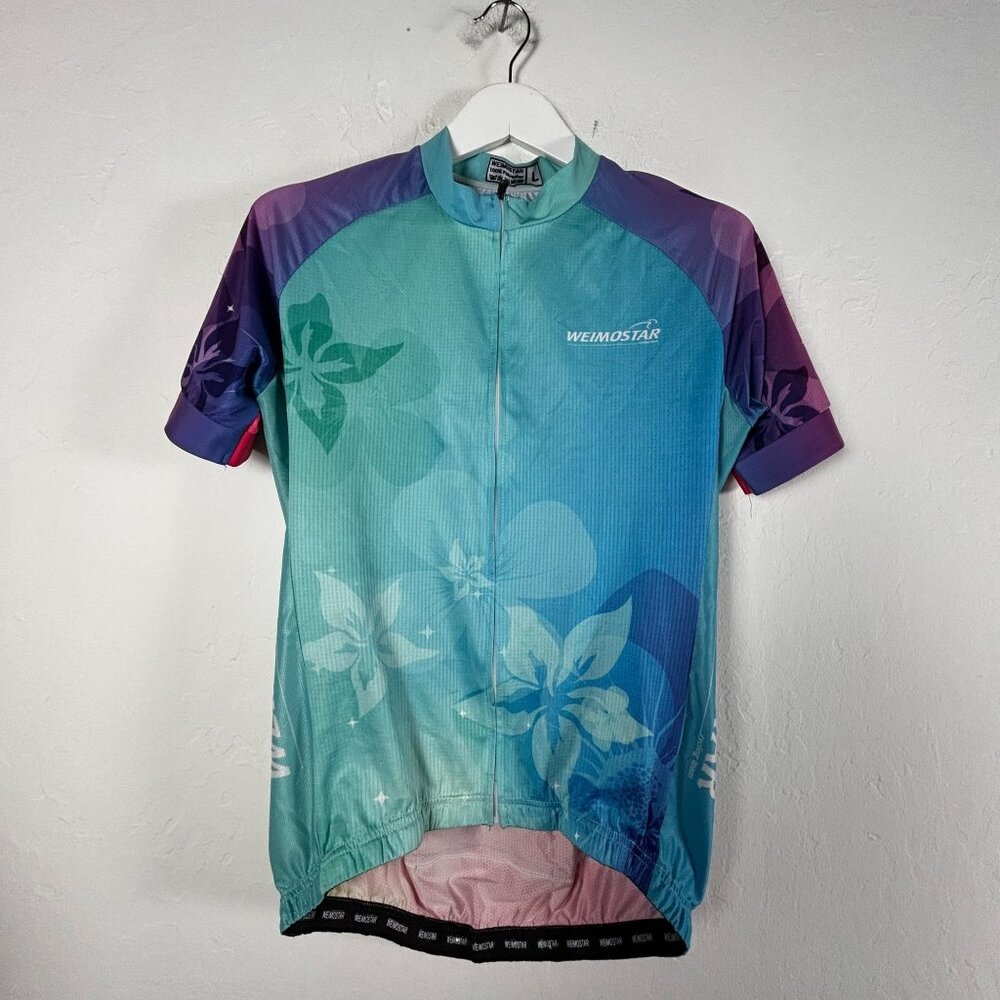 Weimostar Womens Full-Zip Cycling Jersey Top Large Short Sleeve Floral Blue Red